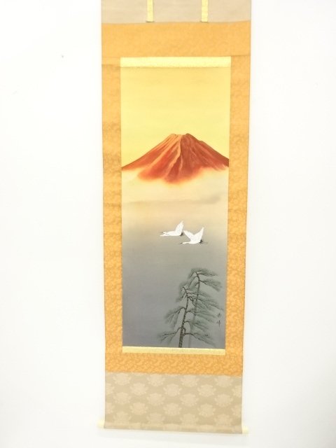 JAPANESE COLLECTIBLE / RED FUJI BY SHUHO / HANDWRITTEN SILK